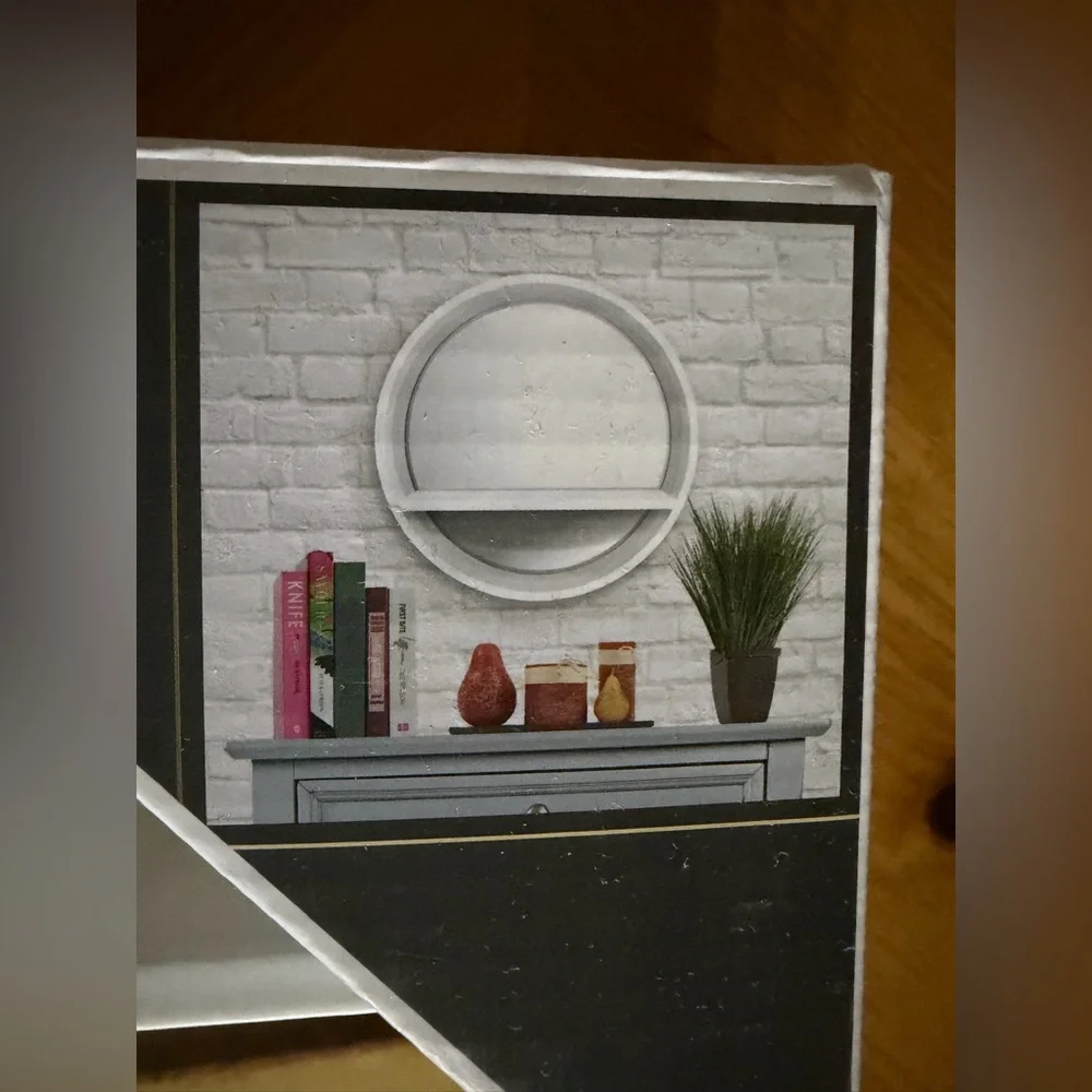 WHITE MIRROR GLASS  DISPLAY SHELF MODERN ROUND WALL UNIT BATHROOM BEDROOM